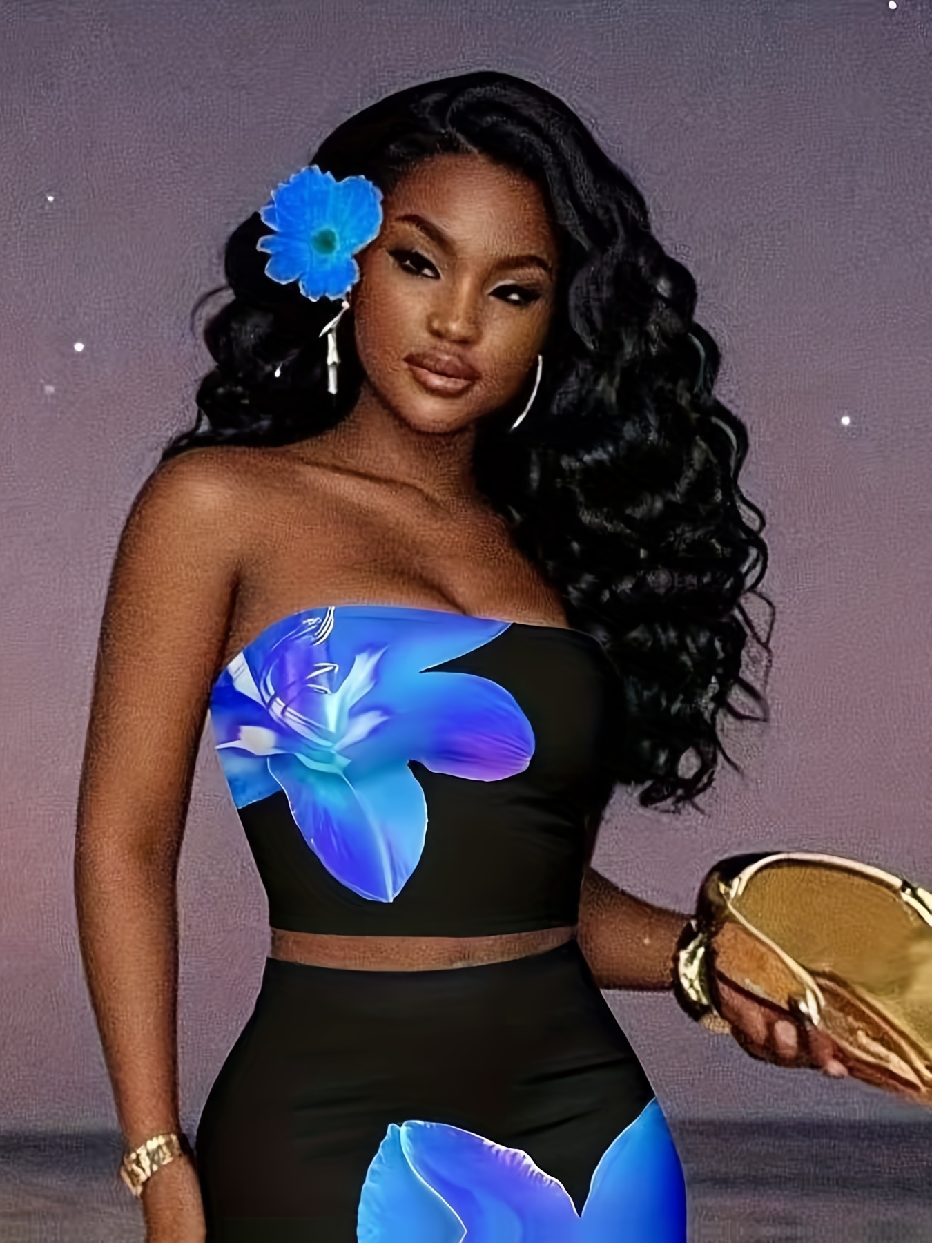 black blue floral two piece outfit women strapless crop top - Temu Mauritius