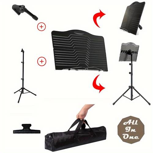 1pc alloy music stand with adjustable tripod base portable folding sheet music holder durable desktop music rack for performance band travel music clamp carrying bag