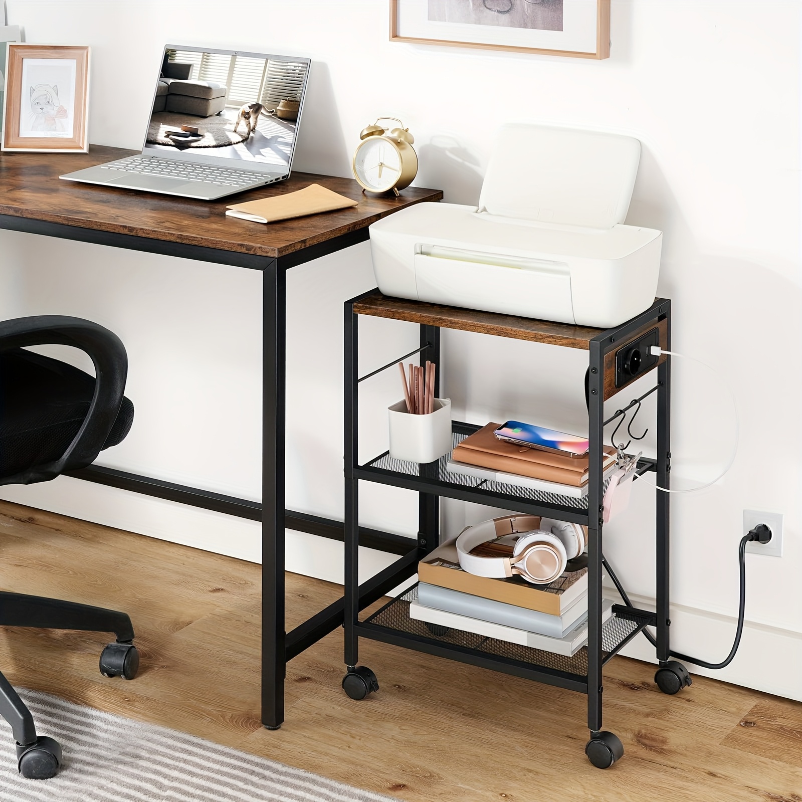 Image of Three-tier Office Trolley, Mobile Printer Trolley With Charging Station, Three-tier Rolling Office Equipment Storage Rack, Wheeled Printer Side Stand For Office Use, Desktop Side Organizer.