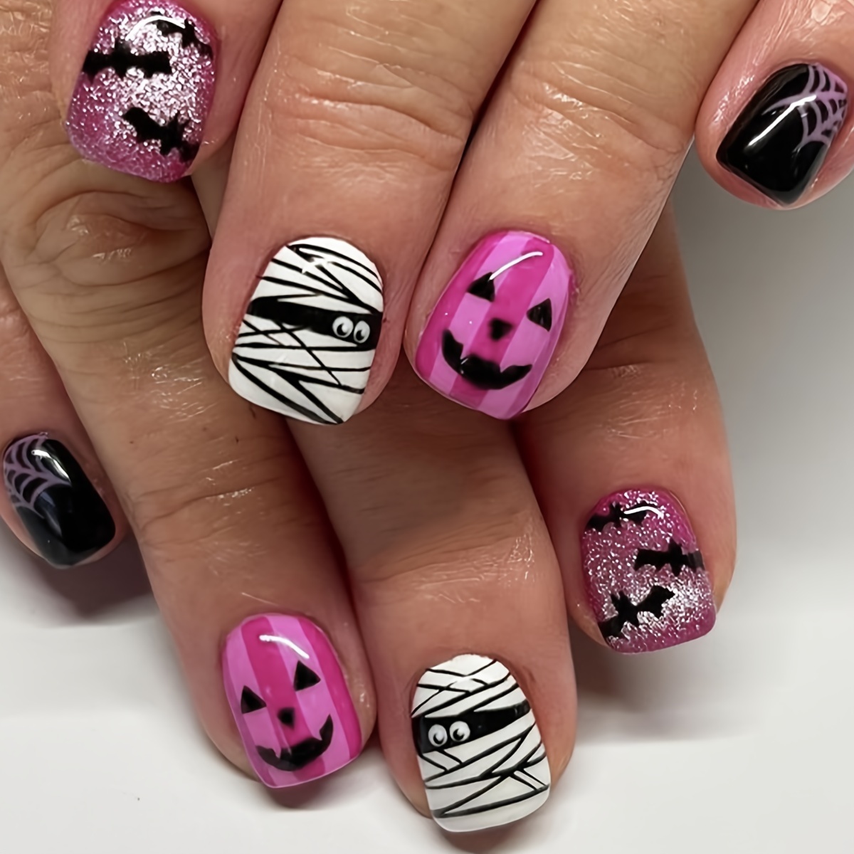 

Spooky Halloween Nail Decals: , Bat, Ghost, And - Mixed Colors, Square Shape, Short Length, Shiny Finish