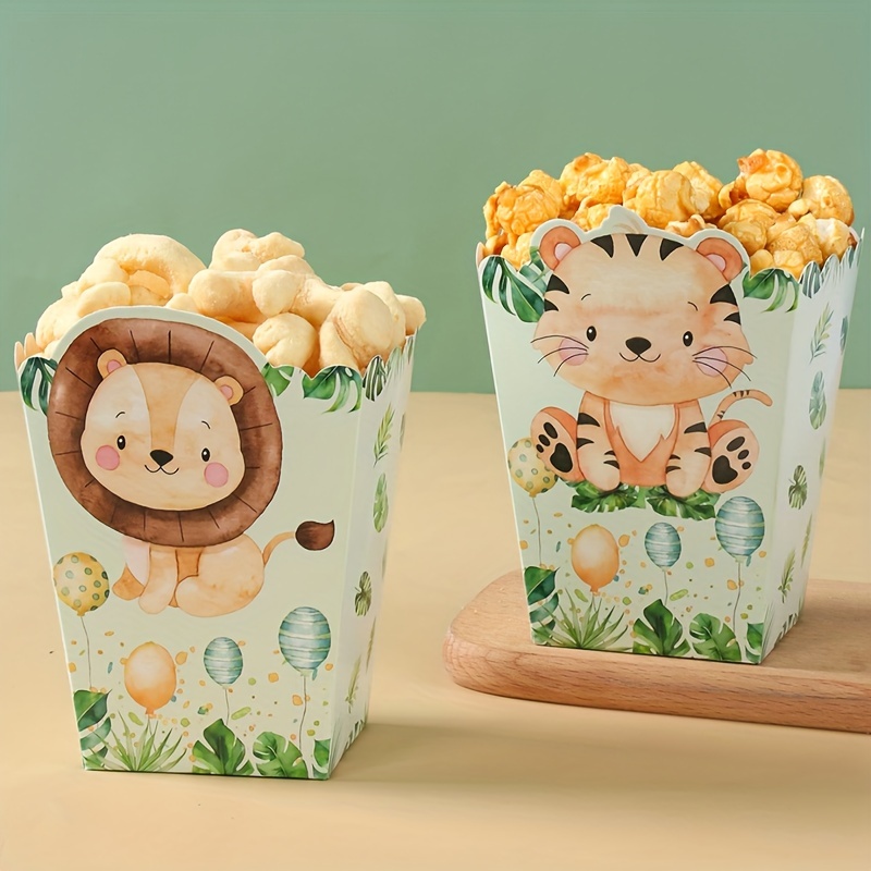 

6pcs, Jungle Animals Party Paper Popcorn Boxes, Green Forest Safari Birthday Party Tableware Decoration Snack Box, Wild Animals Popcorn Box Treat Candy Boxes