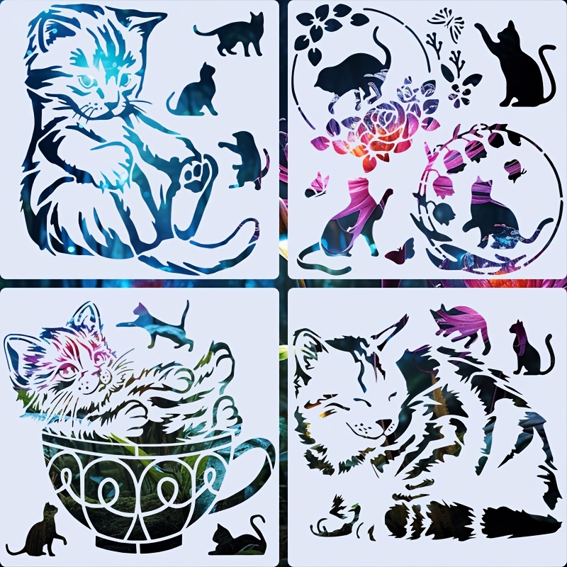 

4pcs Cat-themed Reusable Painting Stencils 9x9 Inches - Art Templates For Scrapbooking, Crafts & Home Decor | , Washable Diy Design Tools For Wood, Canvas, Paper & More