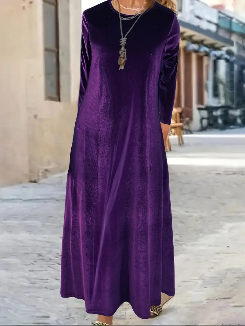 casual korean velvet dress YHAJDS Women's Casual Dress,Long Sleeve Dress Women's Dresses Solid Color Round Neck Straight Korean Velvet Dress Fall Dresses for Women Casual