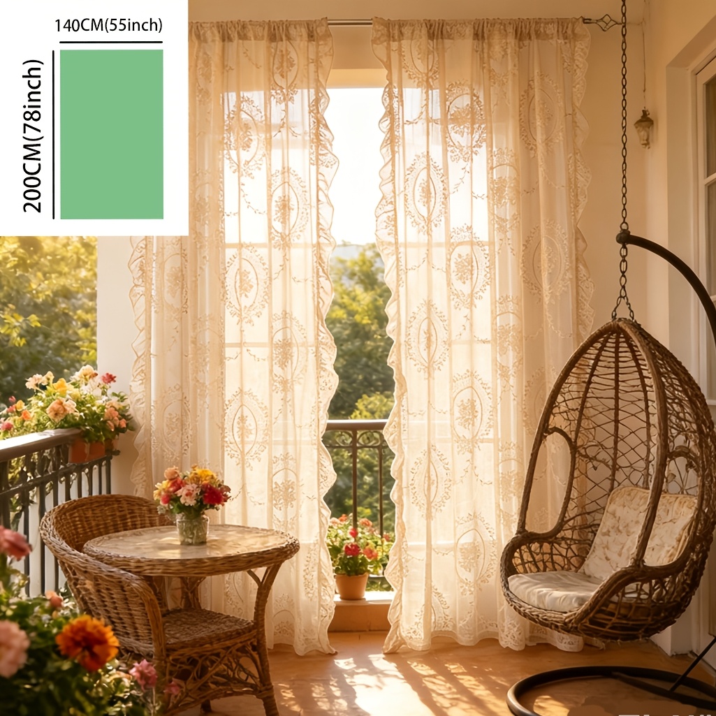 TEMU 1 rideau transparent à poche tige avec dentelle et volants, style bohème rétro géométrique