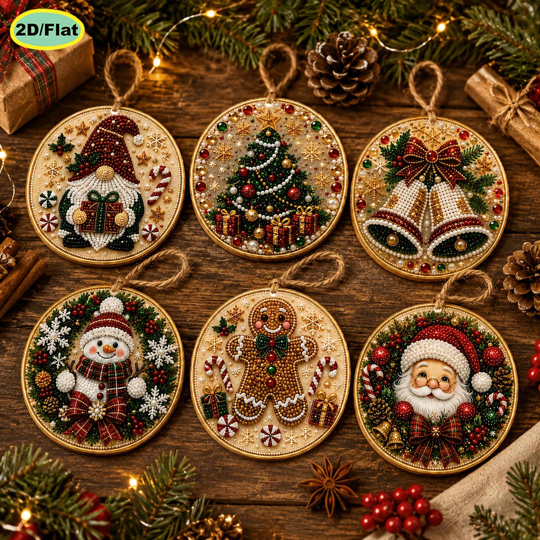 TEMU 6pcs Diamond Painting Kit, Christmas Themed 2d Flat Pearl Drill Painting Wooden Hanging Ornament, Diy Drill Art Material Set, 3.07×3.07 Inches,
