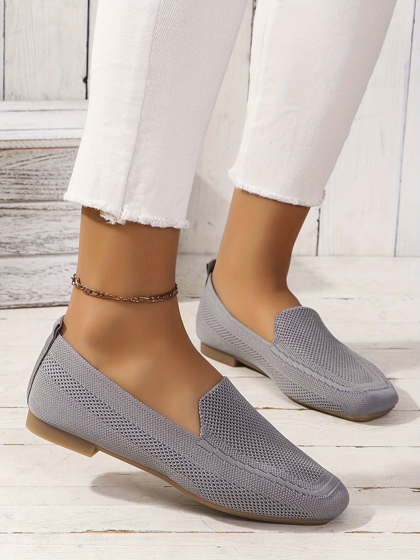 women s knitted flat shoes comfy solid color square toe slip details 36