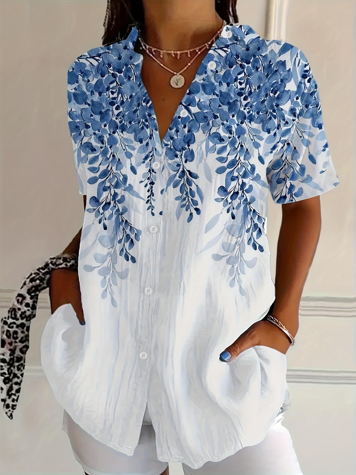 womens plus size casual 3d floral print button up shirt short sleeve summer top with   leaf design relaxed fit machine washable for vacation beach or casual attire beach vacation clothing nontransparent fabric