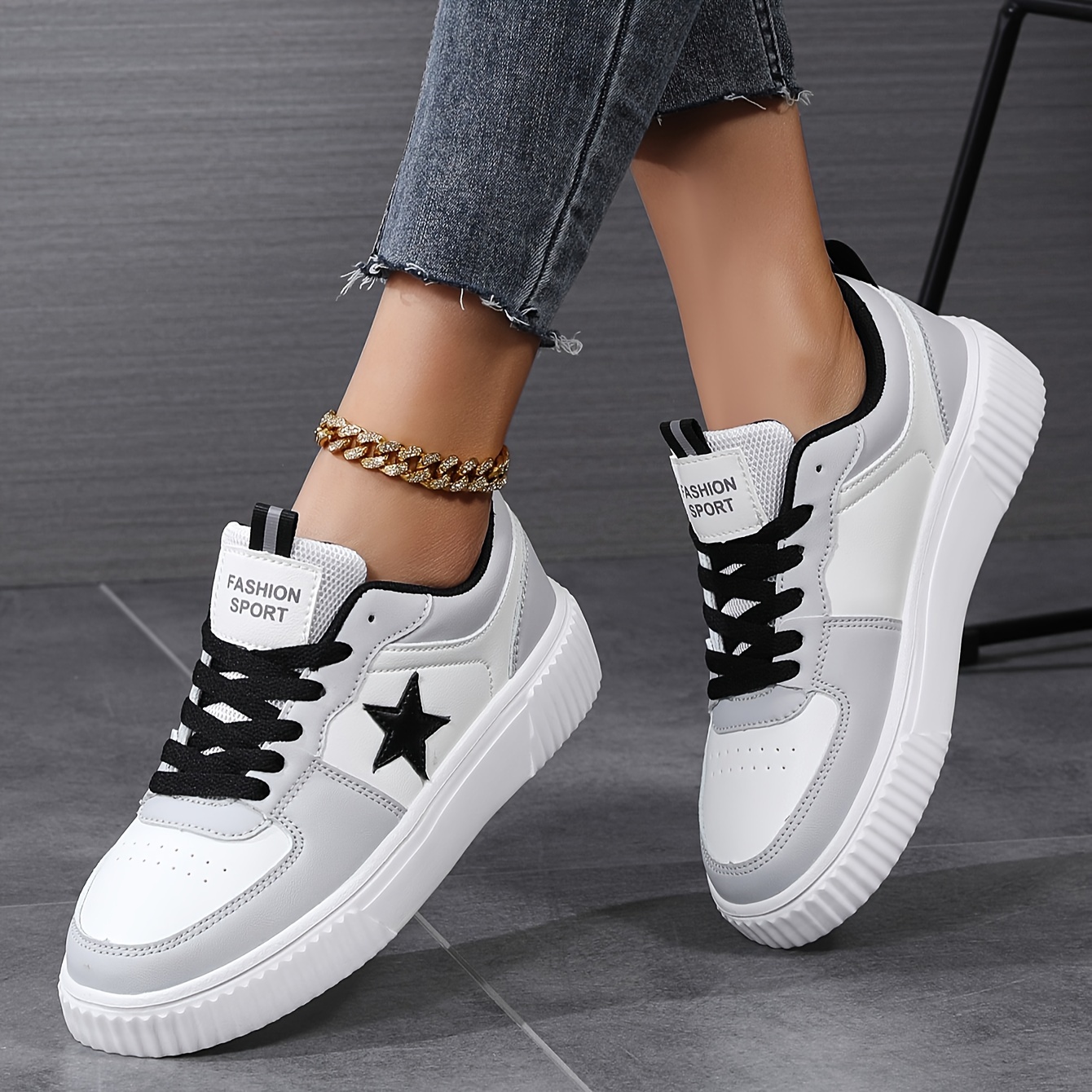 Women's Star Decor Casual Sneakers, Lace Up Platform Soft Skate Shoes,  Low-* Trainers
