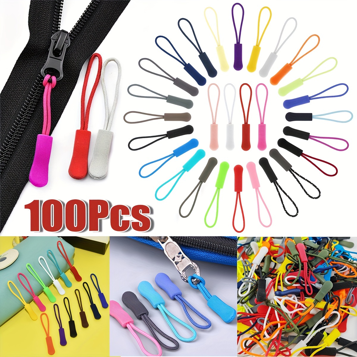 

100 Pack Mixed Color Zipper Pulls Replacement, Durable Nylon Cord Zipper Extension Tags For Backpacks, Jackets, Luggage, Wallets, And Sweatshirts