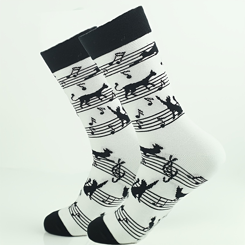 

1 Pair Of Men's Music Notes & Black Cat Pattern Crew Socks, Comfy Elastic Novel Trendy Socks, Cotton Socks For Gifts And Outdoor Wearing