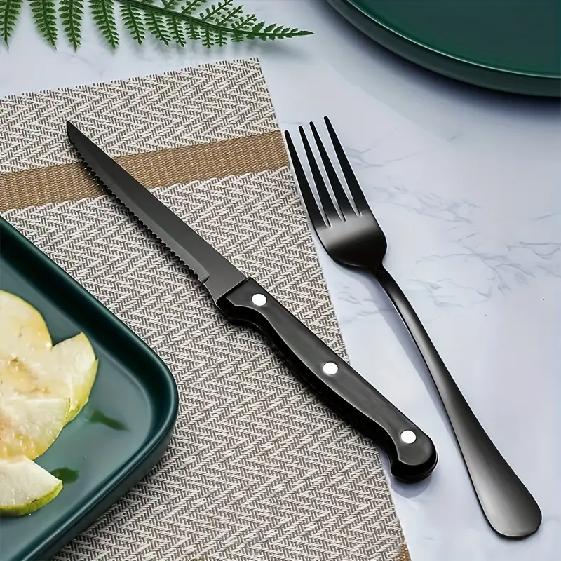 2 4 6 8 12pcs stainless steel cutlery set forks and steak knives suitable for halloween mardi gras easter thanksgiving christmas and other holiday occasions dishwasher safe Product details 1