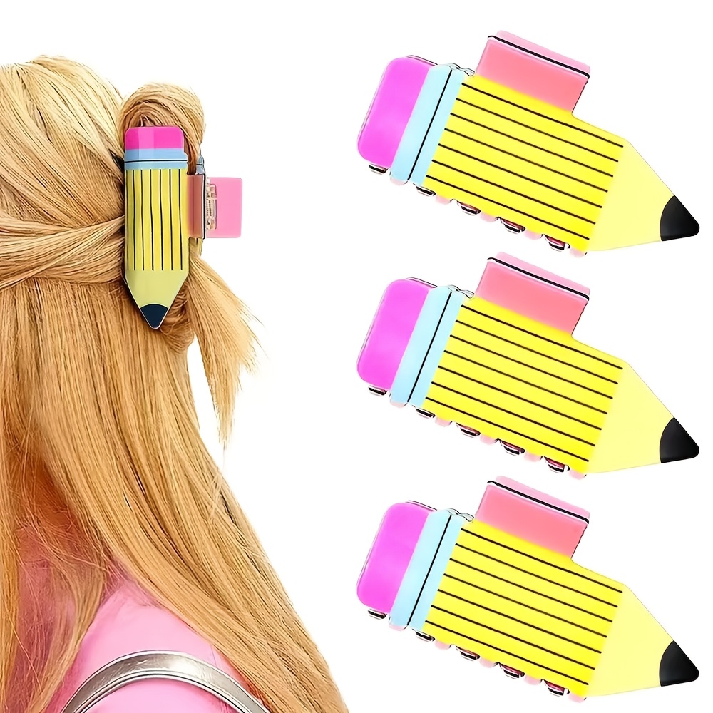 

3pcs Cute Pencil Hair Claws For Women - Fun Cartoon Design, Back To School & Graduation Season, Versatile Accessories