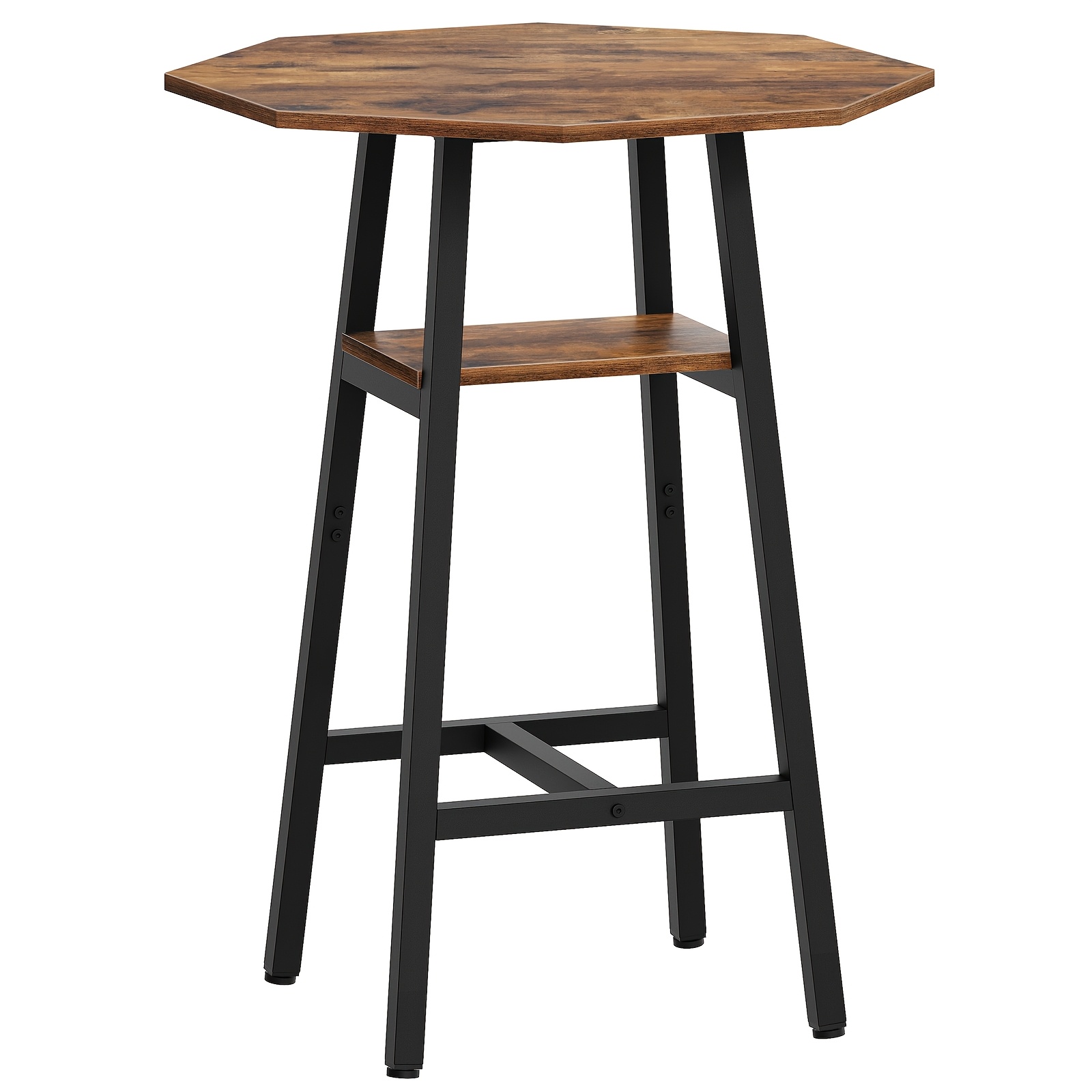Image of Industrial Octagonal Bar Table With Shelf - Suitable For Small Spaces, Lightweight Wood &, Space- For Kitchen, Living Room, Bar, Office - Assembly Modern Minimalist Furniture