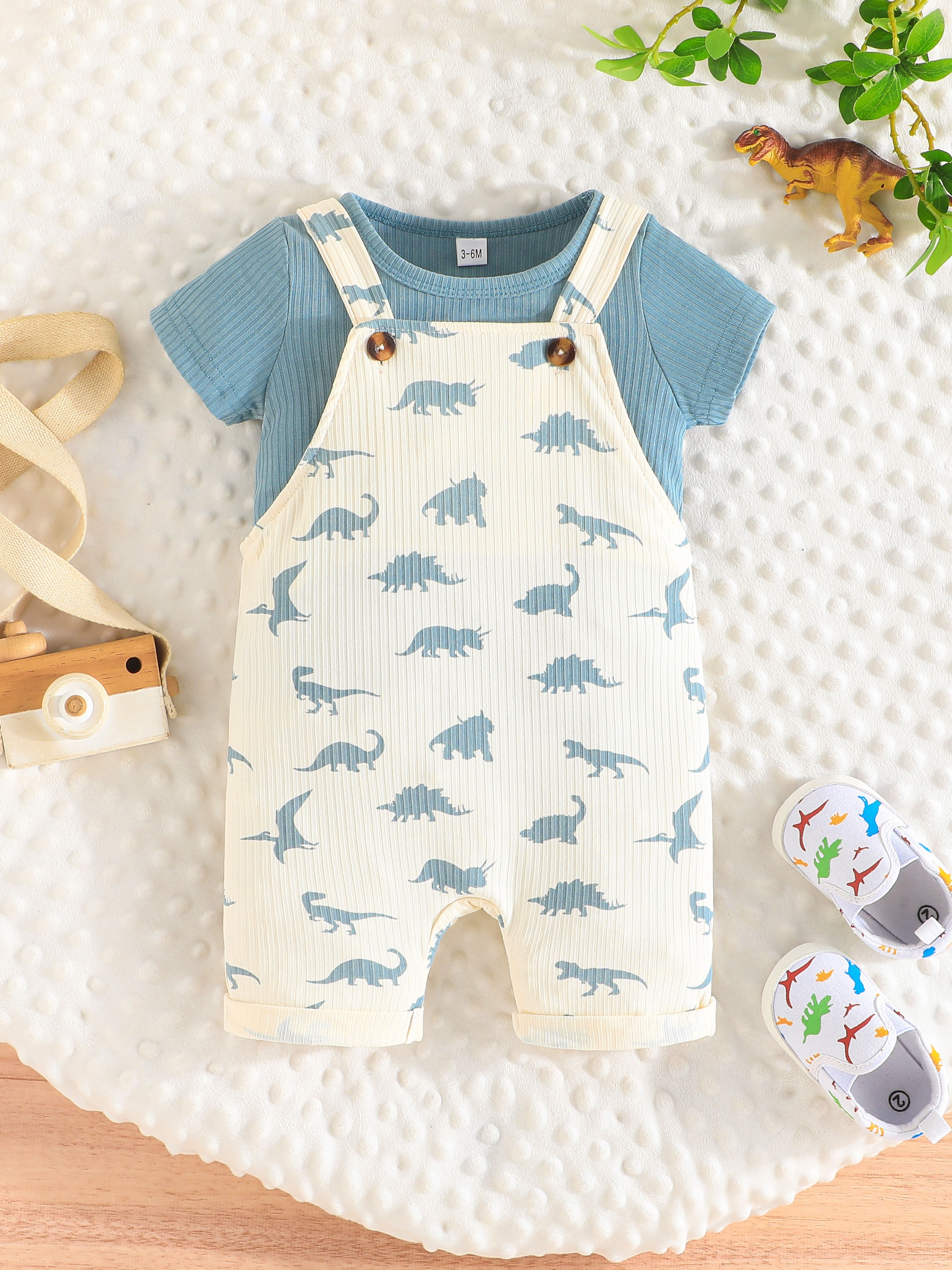 2pcs Baby Boy All Over Dinosaur Print Short-sleeve Shirt and Overalls Shorts Set