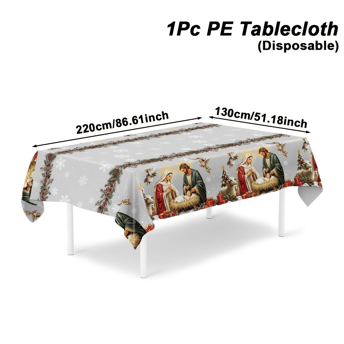 TEMU 1pc, Christmas Holy Birth Disposable Pe Tablecloth, 220 X 130cm, Christmas Nativity Table Cover, Merry Christmas Party Decorations For Home,