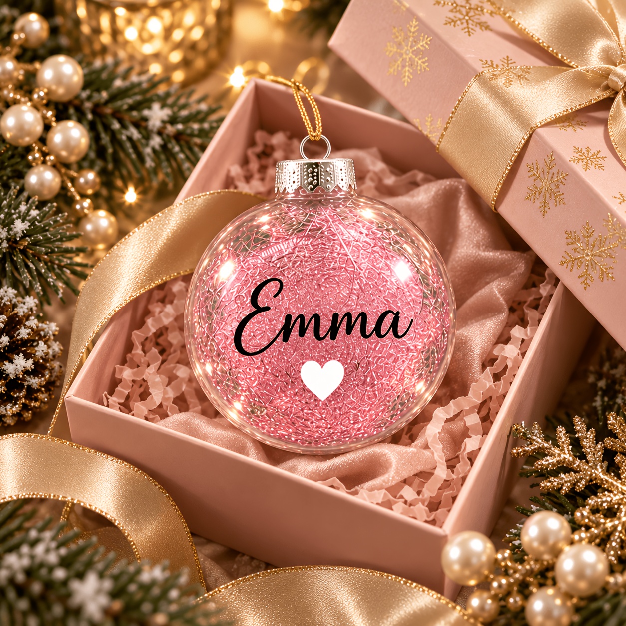TEMU Boule de Noël personnalisée avec nom, incassable, plastique transparent pré-remplie de paillettes brillantes, 5 couleurs Rouge Or Argent