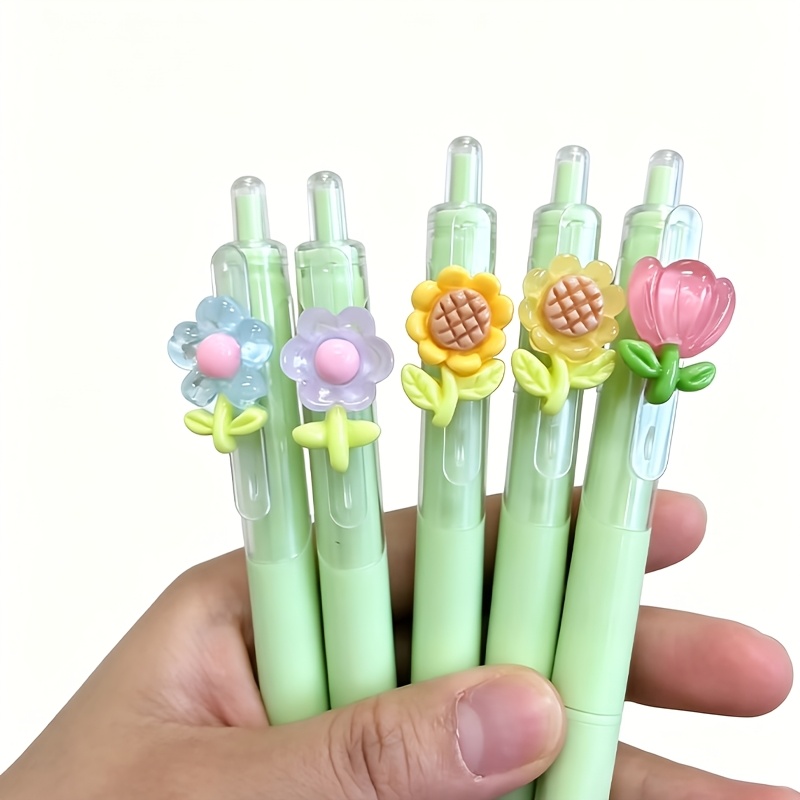Image of 5pcs/set Retractable Ballpoint Pens With Random Floral Tip, Smooth Writing Neutral Pens For Students, Exams, Office And Daily Use, Stationery(black)