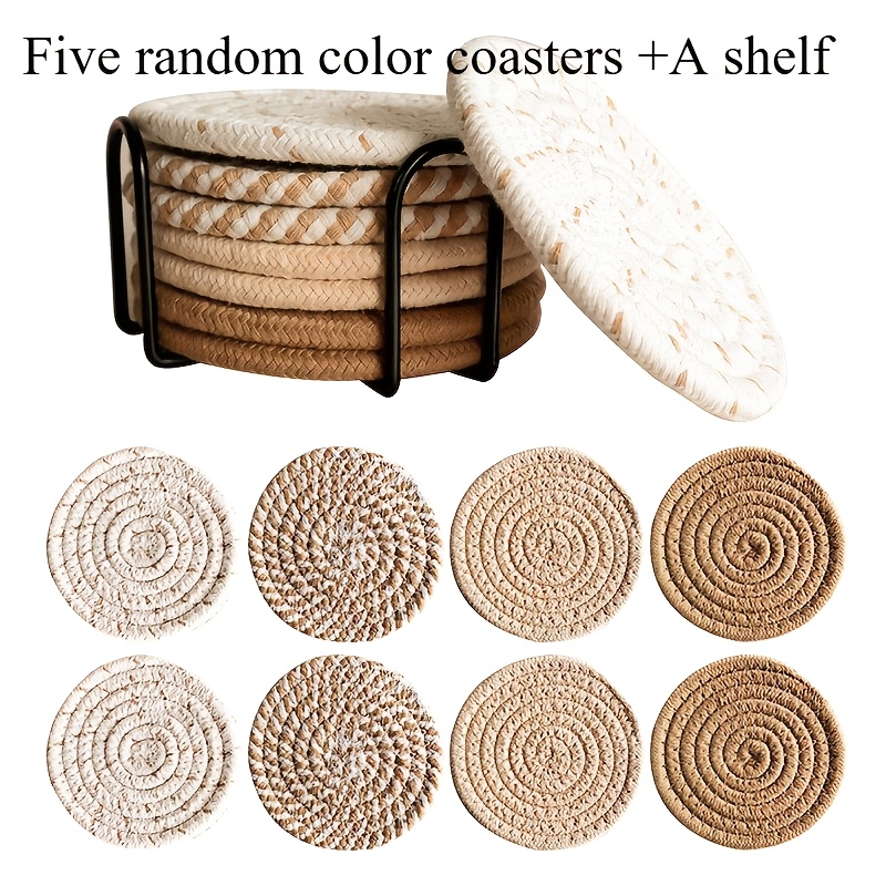 TEMU 6pcs Coaster Set (5pcs Coasters   1 Holder), Simple Woven Coaster Combo, Premium With Non-woven Backing, Suitable For All Types Of Cups, Living