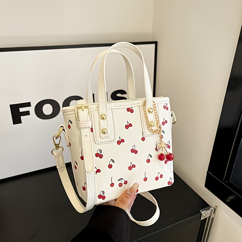 Cherry Pattern Mini Tote Handbag - 6.69x6.30 Inch White Bucket Bag With Red Trim, Adjustable Strap & Charm