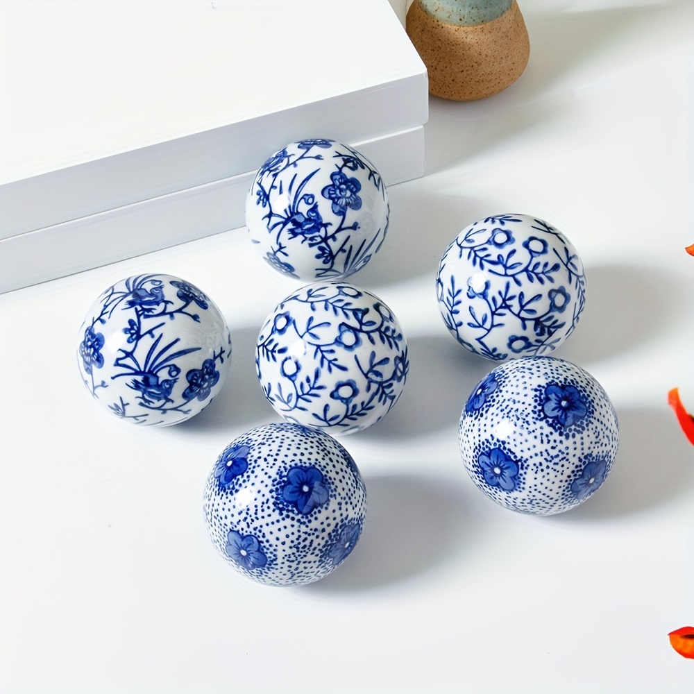 

6pcs Blue & White Decorative Porcelain Ball Set, Vase Bowl Filler Balls, Hanging Balls For Christmas Centerpieces, Chinoiserie Home Garden Wedding Party