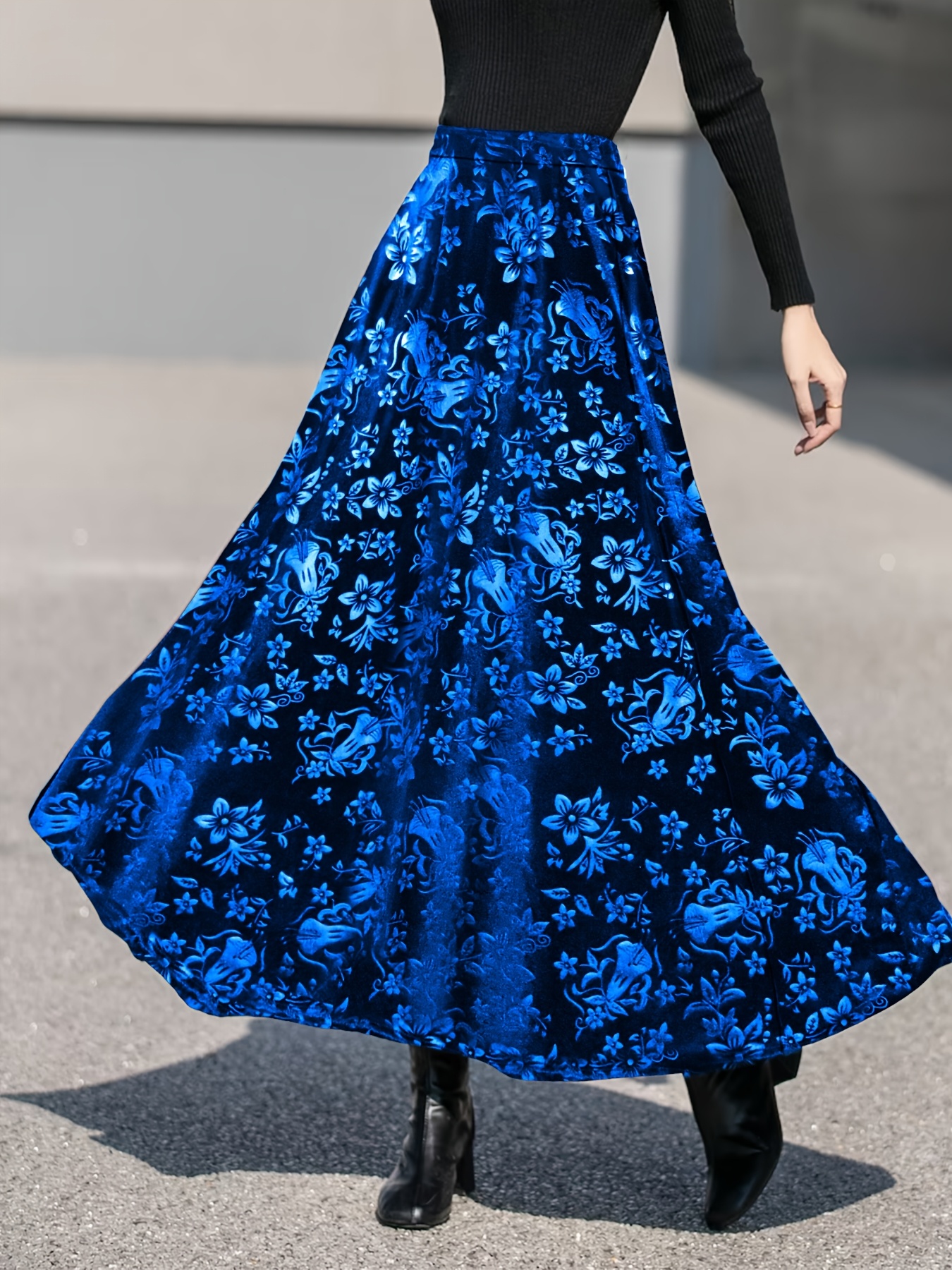 Elegant Royal Blue Velvet Skirt Women'S Elegant Floral Jacquard