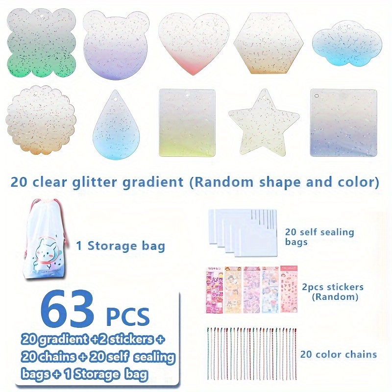 E-shop 2D-flach, 63-teiliges Set glitzernde Acryl-Schlüsselanhänger-Rohlinge mit Farbverlauf, durchsichtige Glitzer-Ornament-Rohlinge,