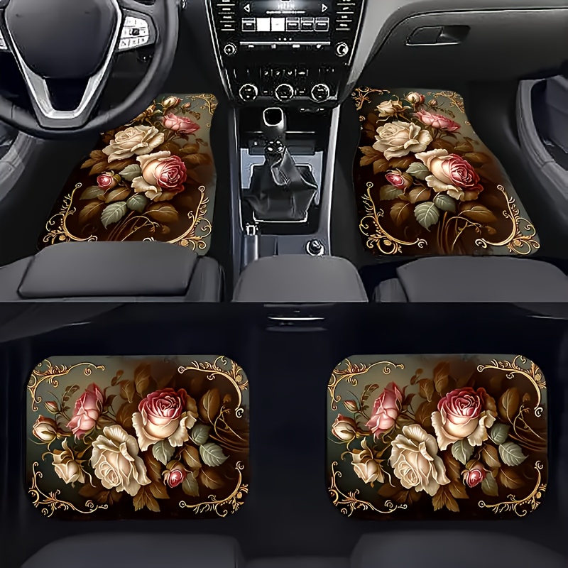 

4pcs Vintage Floral Car Floor Mats Set - All-weather Front & Rear Seat Protection, Fit For Cars, Sedans, Suvs, And Trucks