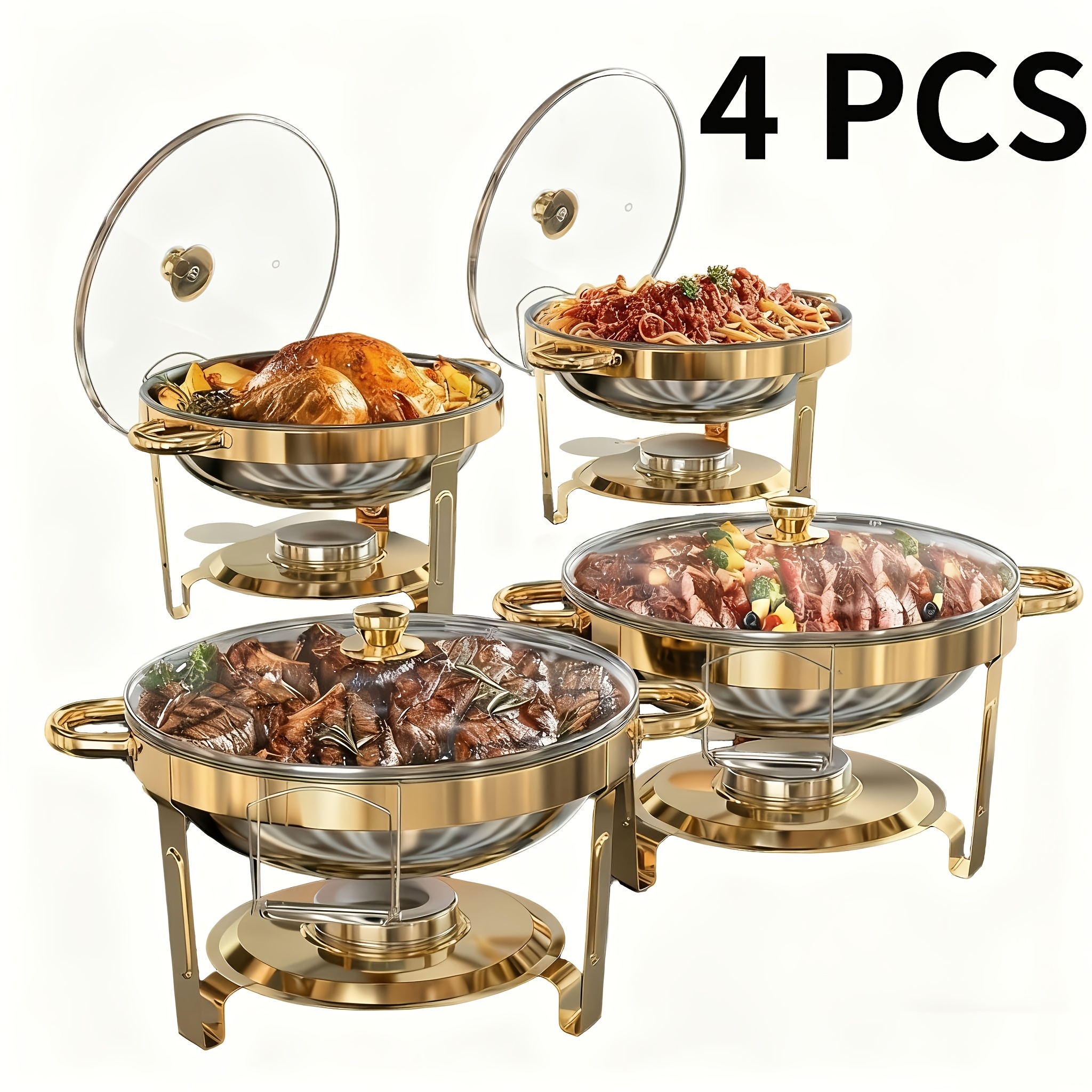 TEMU 1/2/4pcs Stainless Steel Chafing Dish, 4.5l With Transparent Glass Lid And Lid Holder, 95% Pre-assembled, Suitable For Party Catering Events,