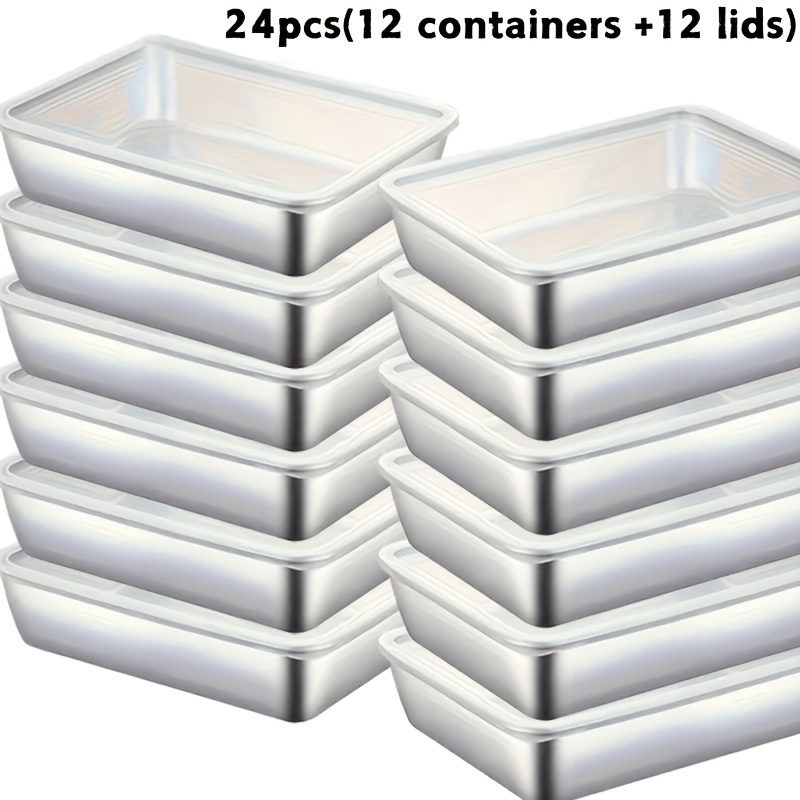 24pcs Stainless Steel Food Storage Container Rectangular Dish With Lid Noodle Fruit Tray Lunch Box Thick Refrigerator Organizer Plate 12 Boxes 12 Lids