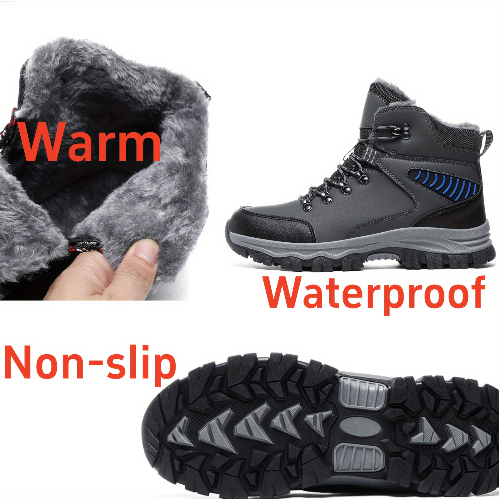 Botte d'Hiver de Haute Qualité pour Hommes avec Doublure en Fourrure, Chaussures de Randonnée Antidérapantes pour Temps Froid, Noires avec Accents Rouges/Bleus, Conception à Lacets, Semelle en Caoutchouc, Parfaites pour le Trekkings et l'Alpinisme, Équipement Extérieur pour le Froid | Botte Classique à Lacets | Chaussures de Neige Durables