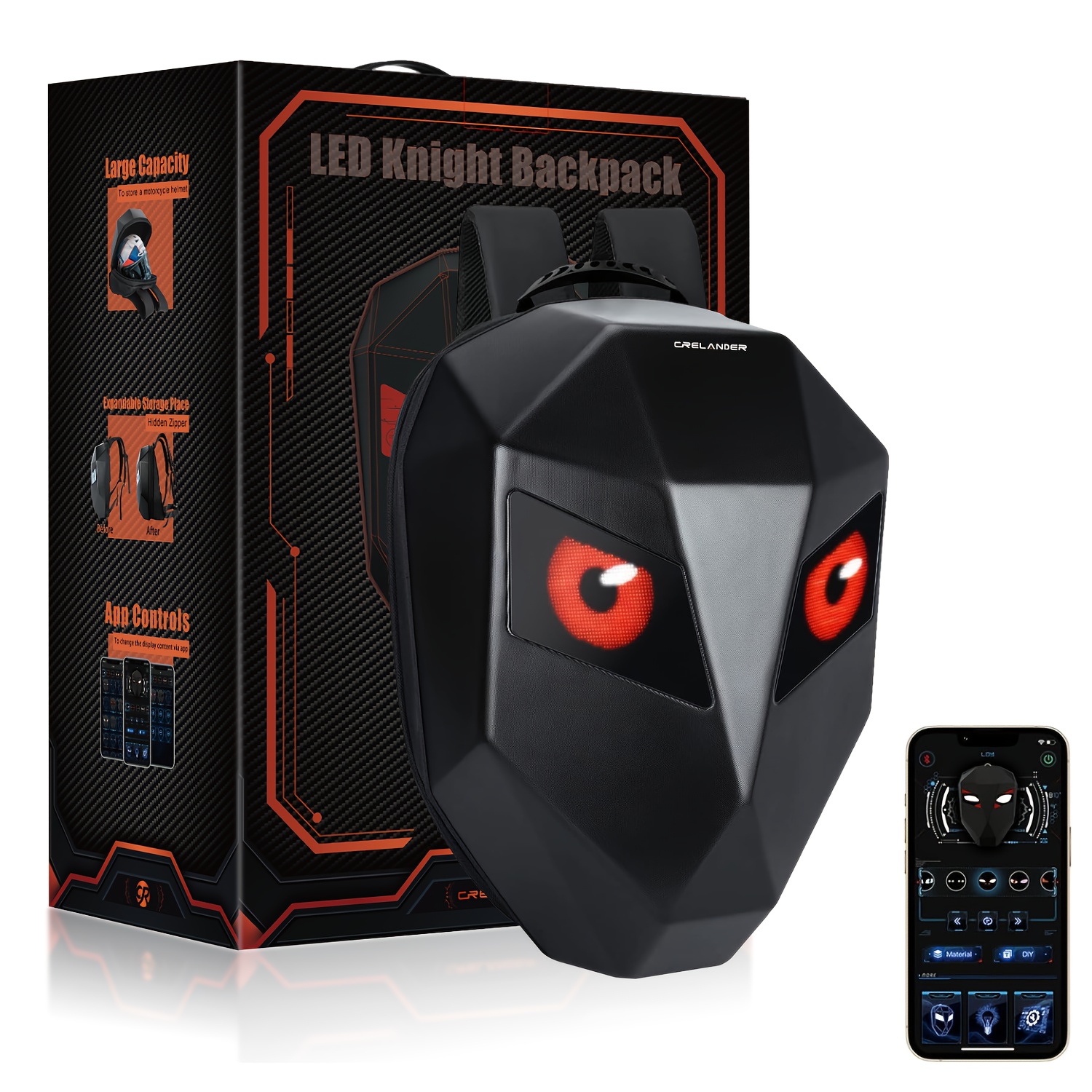 Sac à dos LED pour ordinateur portable Crelander avec yeux, sac à dos LED pour moto Chevalier de 45,72 cm avec écran couleur programmable, grand sac à casque rigide de grande capacité, sac à dos tendance pour la randonnée, le camping, le vélo et les voyages – Image 3