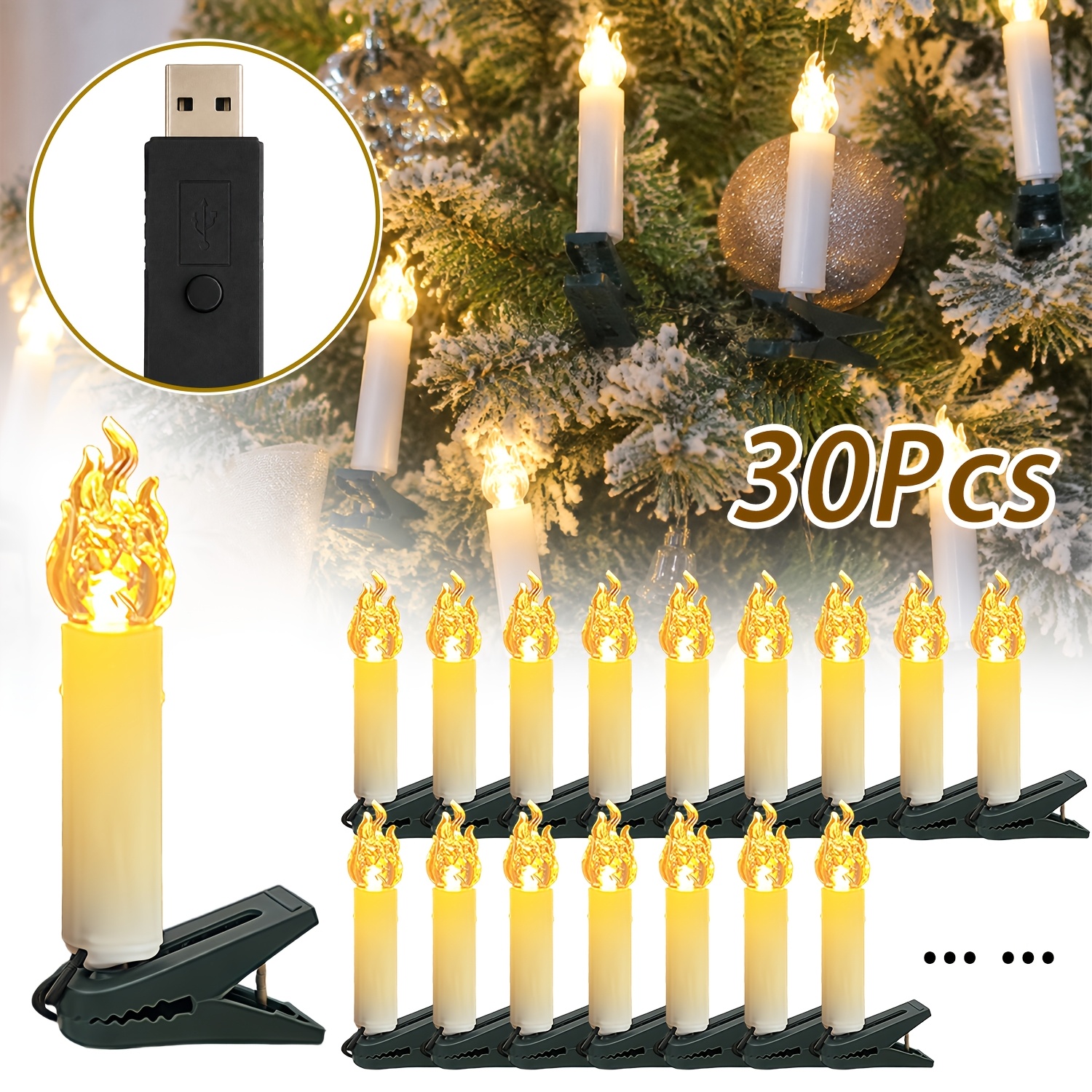Image of 30pcs Flameless Christmas Tree Candles, Usb Powered Clip-on Realistic Led Candles With Fixed Clips Adjustable Angle Multiple For Church, Wedding, Party, Holiday, Birthday, Christmas Tree Decor & Gift