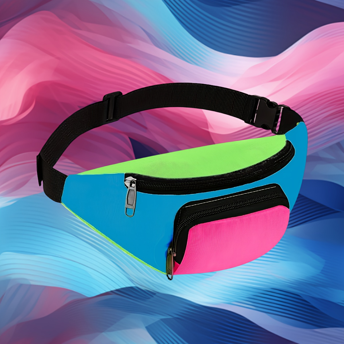 TEMU 1pc Unisex Vintage 80s Neon Light Waist Bag - Adjustable Nylon Belt Bag With 3 Pockets, Zipper Closure, Durable, Suitable For Travel, Festivals,