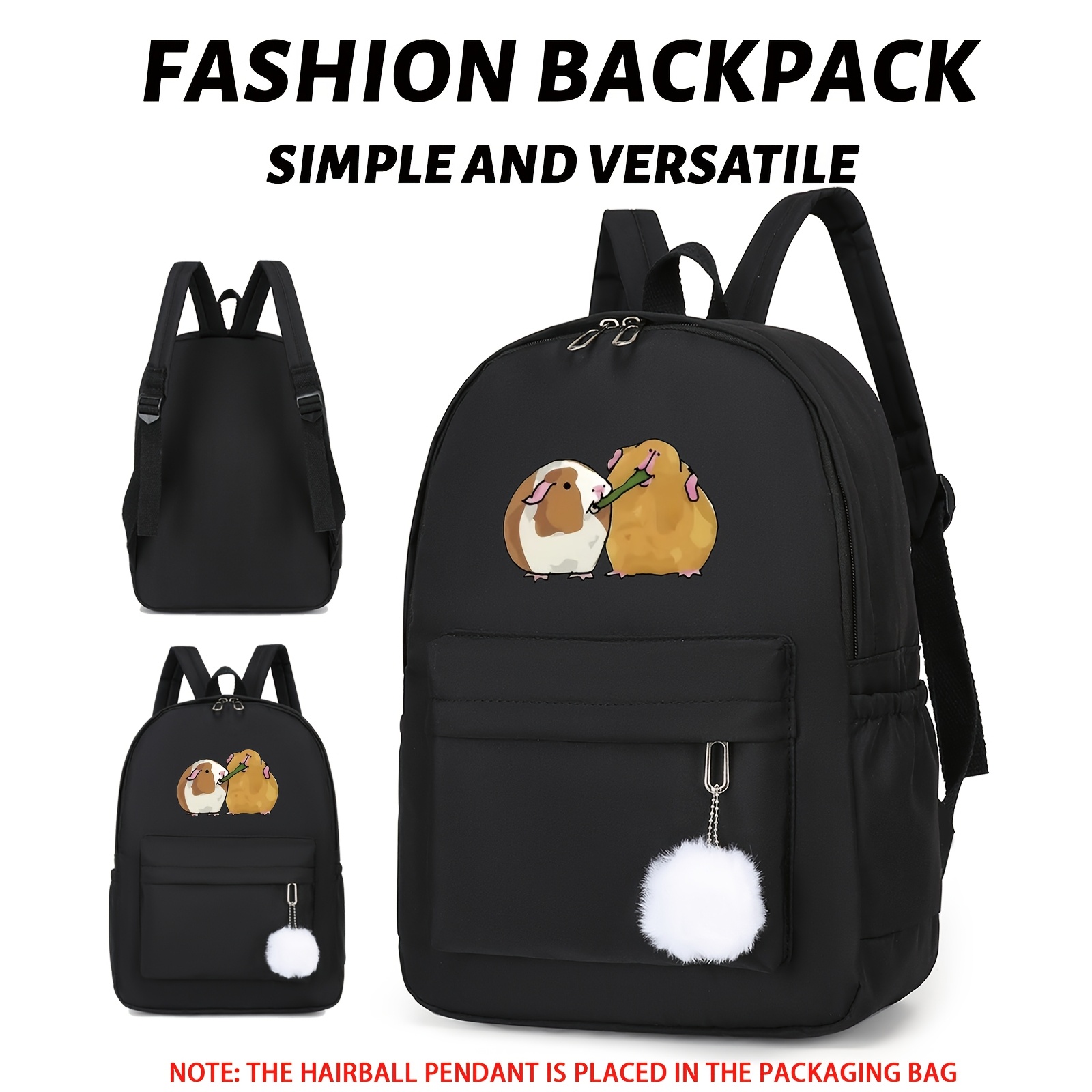 

1pc Stylish Black Nylon Backpack With Cute Cartoon Cavia Procellus Design - Large Capacity, Adjustable Straps, Multi-functional For Travel & School, Polyester Lining, Travel Backpack