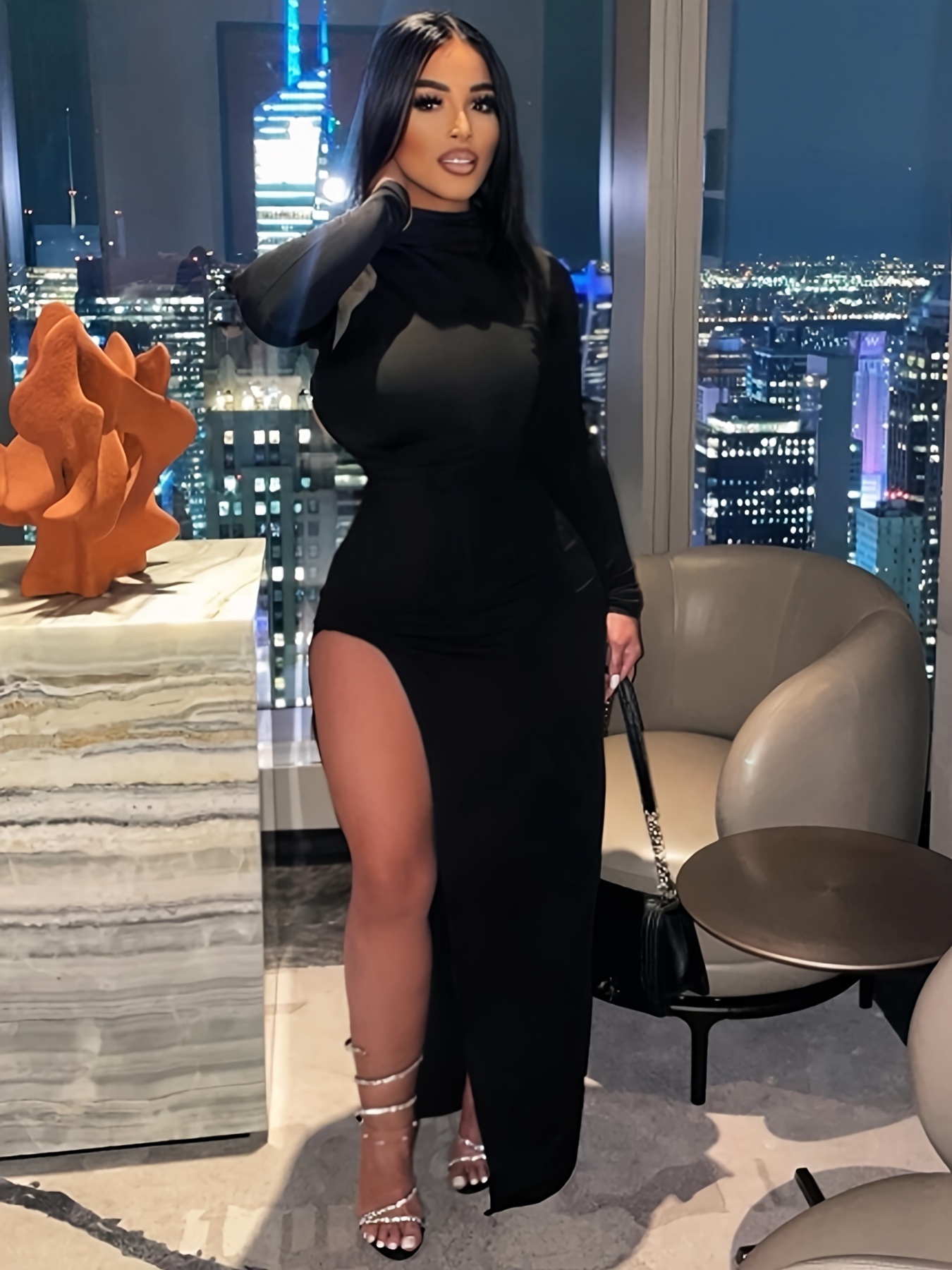 navy blue dress for baby girl Extreme Cut Out Beaded Detail Split Leg Maxi Dress In Black | EGO US