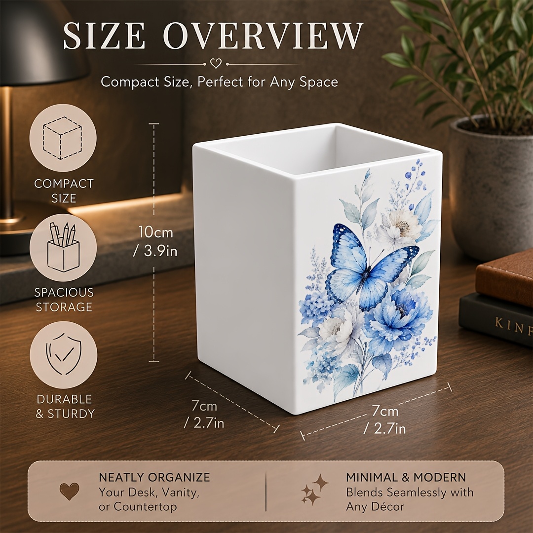 TEMU 1pc Blue Floral Desk Organizer Box With Storage Shelf& Pencil Cup Holder- Plastic Makeup Brush Holder, Remote Control Caddy Suitable For Women,