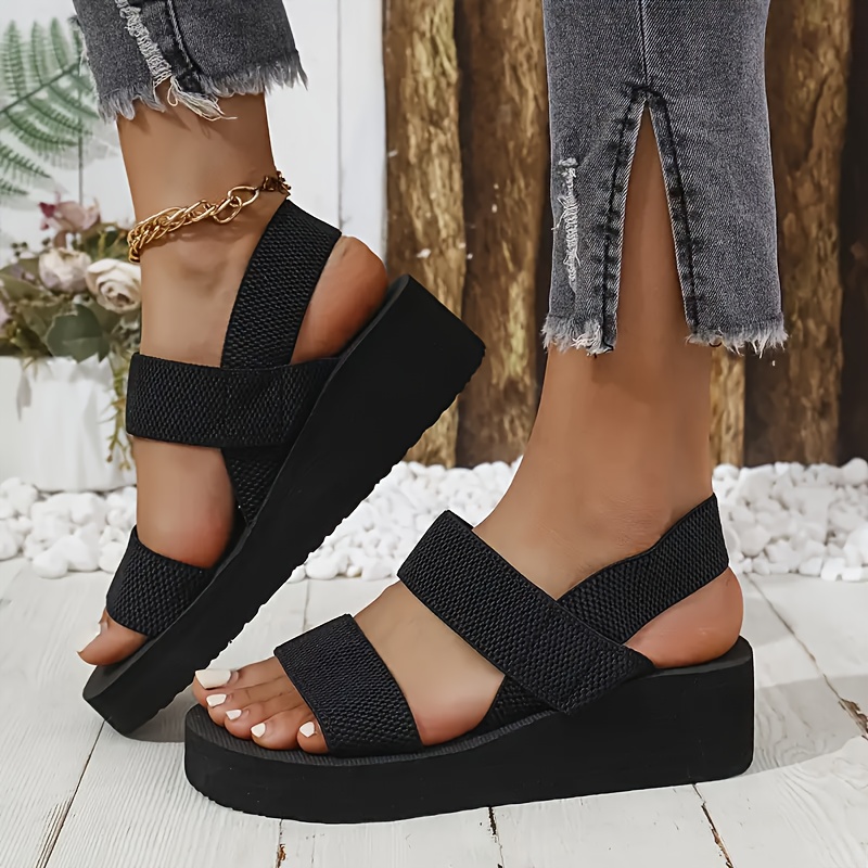 E-shop Stylische Damen Keilabsatz-Sandalen in Schwarz – Bequeme Keilschuhe mit dicker Sohle, schwarzen elastischen Riemen, runder Zehenpartie,