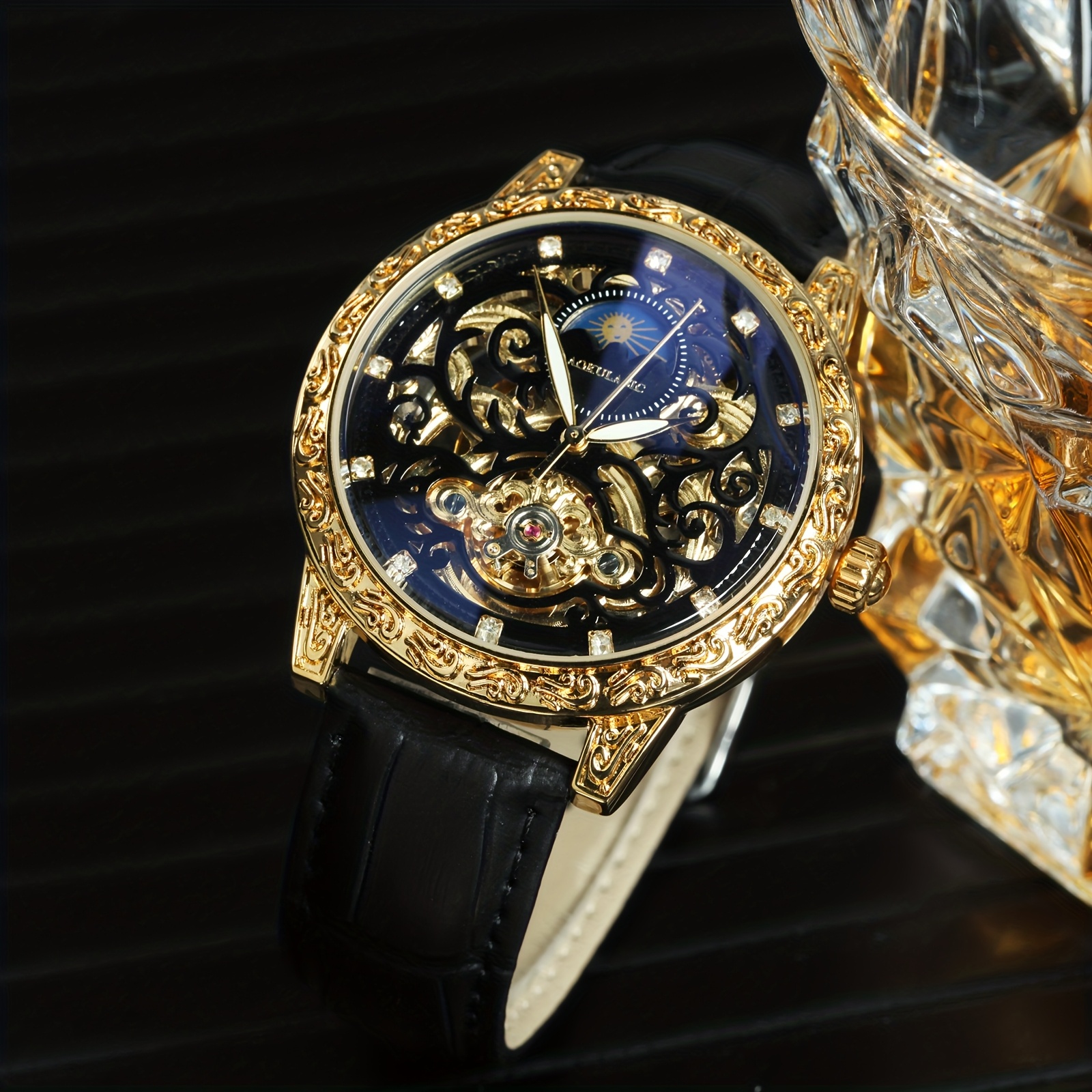 AOKULASIC 1pc Men Luxury Golden Skeleton Tourbillon Automatic Mechanical Watch for Men Luminous Hands Moon Phase Top Brand Black Faux Leather Strap Vintage Case Top Brand Business Casual Mens Watches Anniversary Christmas Valentine'S Day New Year Gifts, Without Battery