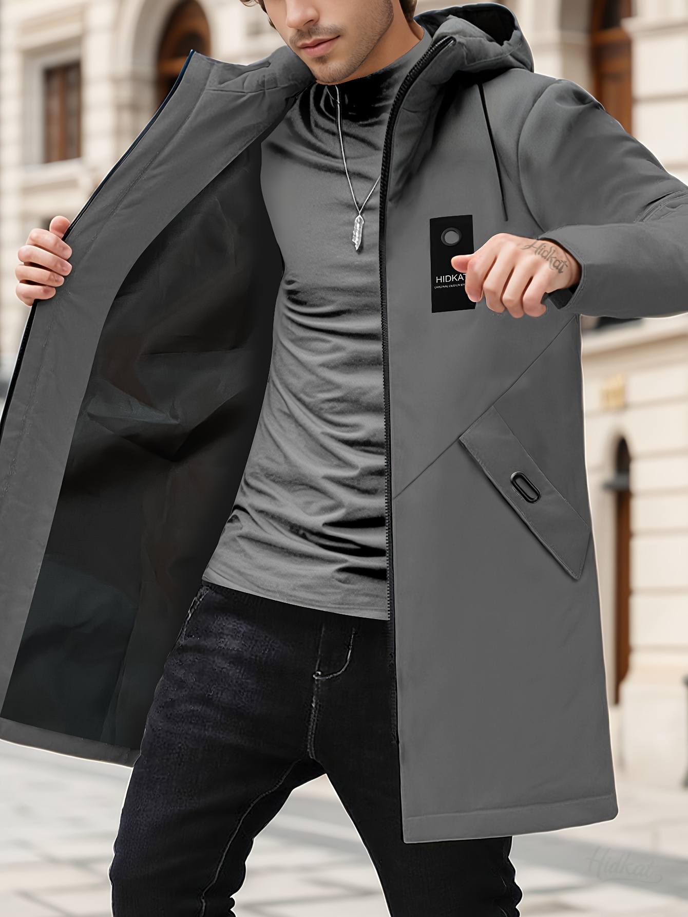 Alternative view of Chaqueta con capucha ligera para hombre - Cierre de cremallera completo, chaqueta impermeable oliva para uso…