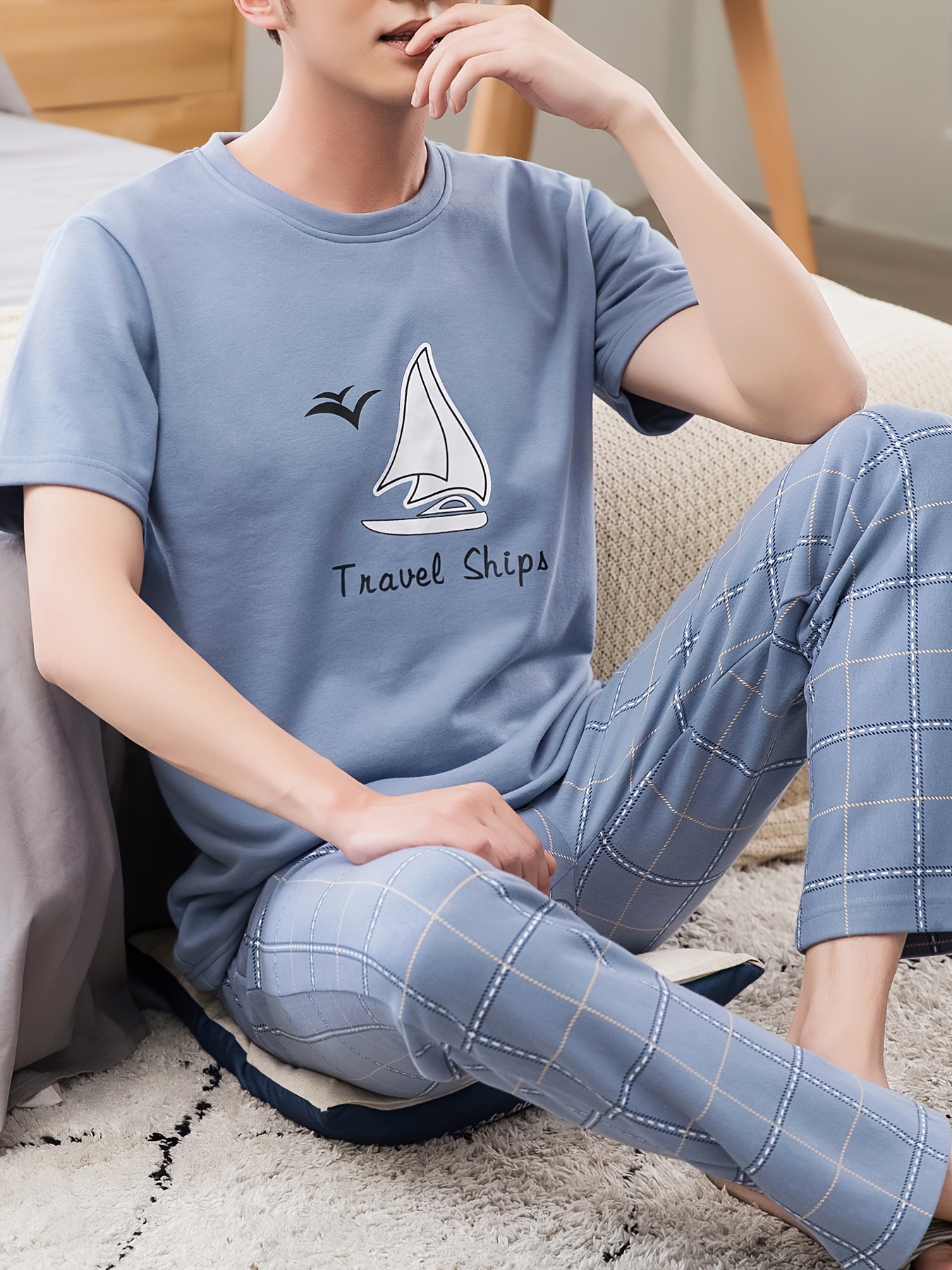 Men's Summer Cotton Pajama Set - Casual & Comfy Short Sleeve Tee with Long Pants, Breathable Lightweight Sleepwear