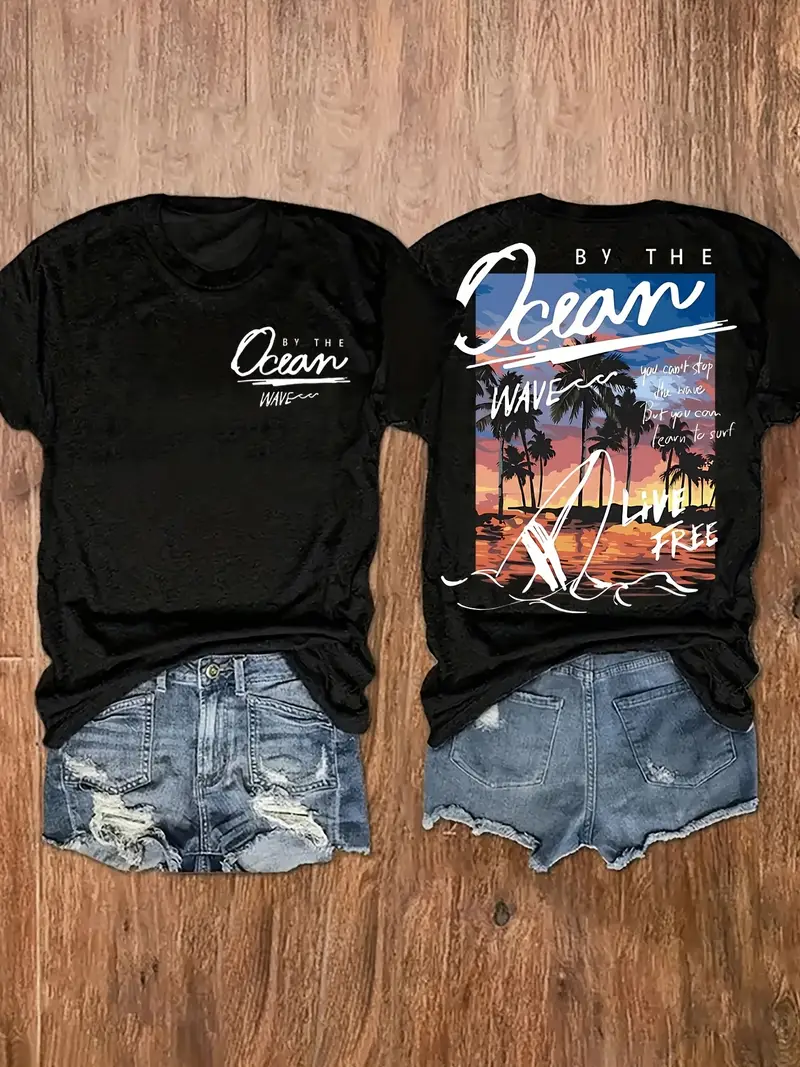 womens tree graphic print t shirt short sleeve crew neck casual top with ocean wave design medium washable black summer apparel sunset design shirt mediumstretch fabric Product details 0