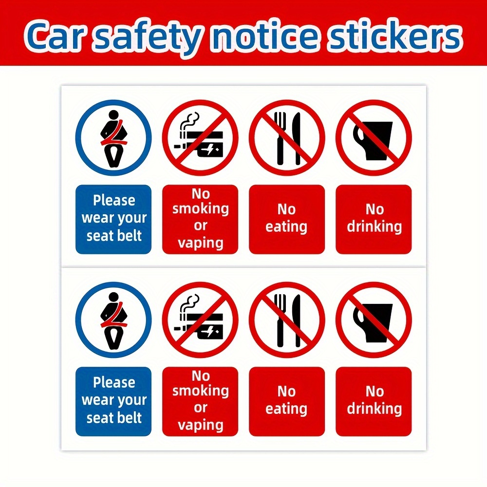 

2-piece Car Safety Decals: No Smoking, Drinking, Eating - Seat Belt Reminder Stickers For Cars & Taxis, Matte Finish, Pvc Material