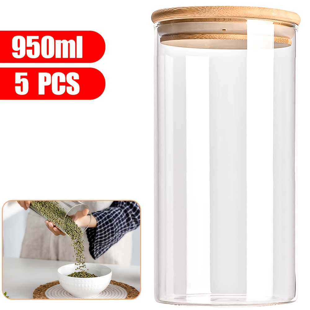 Set Of 5 Glass Jars With Bamboo Lids, Perfect For Storing Food. Airtight Glass Containers Are Ideal For Keeping Candy, Rice, Coffee Beans, Snacks, Spices, And Other Kitchen Essentials
