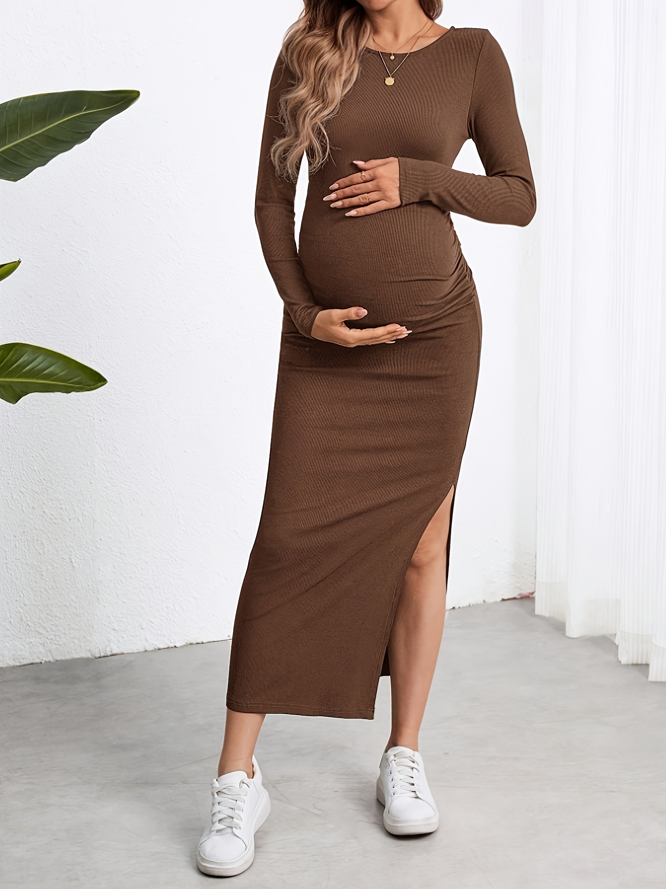 sofia richie brown button down dress Brown Ribbed Square Neck Side Slit Maternity Dress  PinkBlush