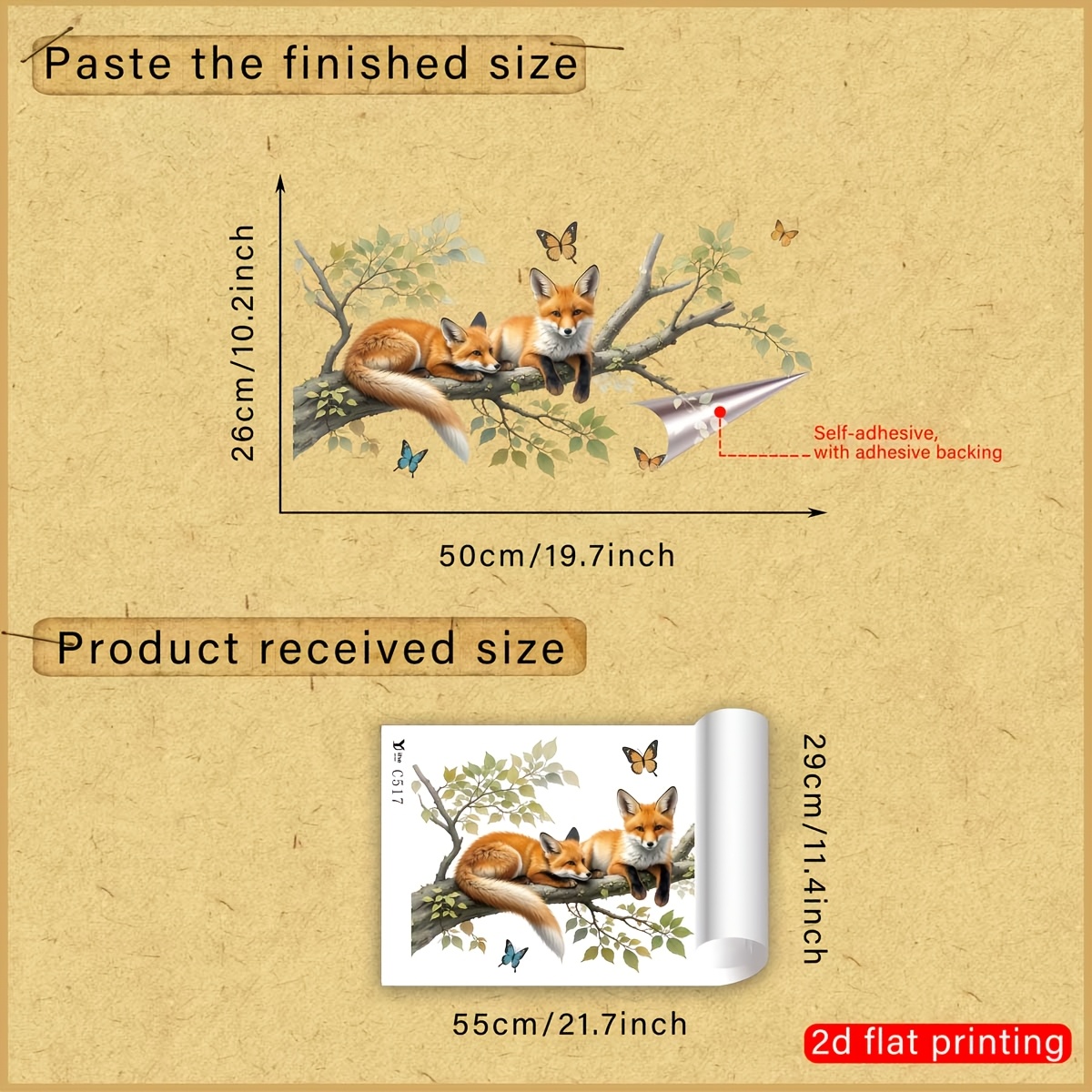 1pc 2d Flat-printed Fox, Tree Branches, Green Leaves, And Butterflies | Self-adhesive, Removable Double-sided Pvc Wall Decal For Living Room, Bedroom, Windows, And Doors