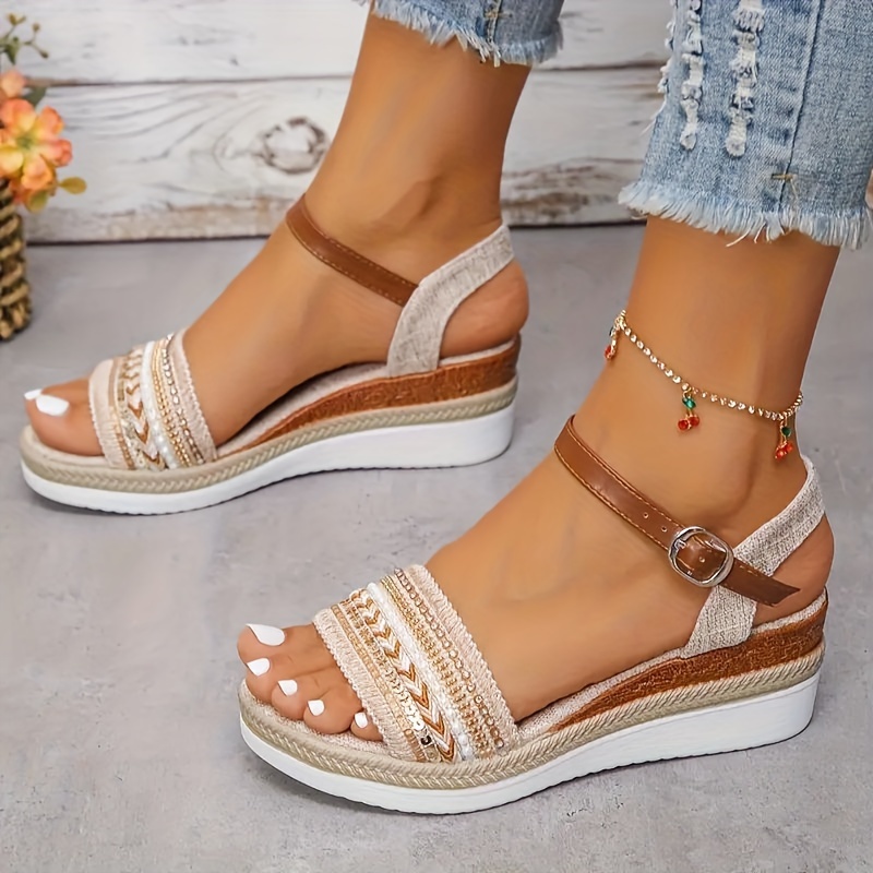 

Women's Fashion Platform Wedge Sandals With Buckle Closure, Solid Color, Open Toe, Fabric Upper, Fabric Insole, Rubber Sole, Mid Heel Height - Hand Wash Or Dry Clean