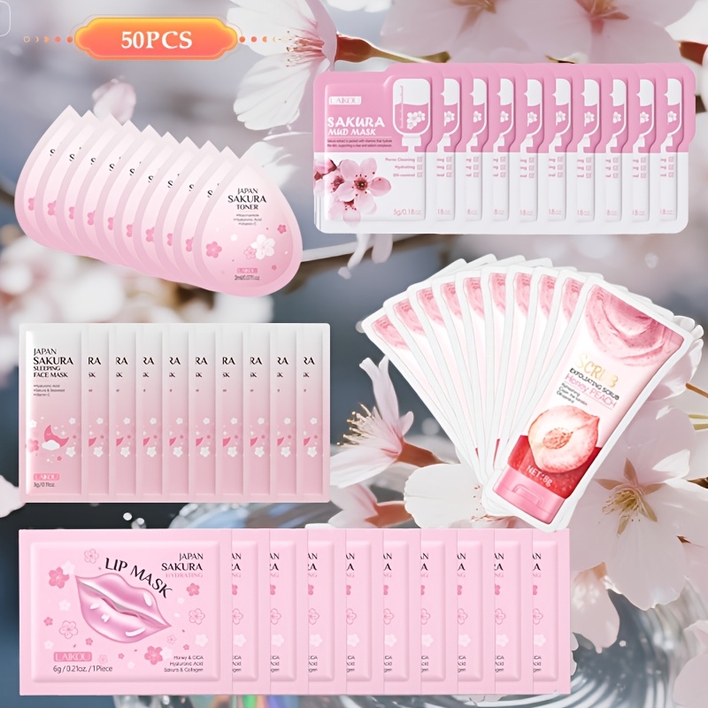 TEMU 50pcs Cherry Mud Mask Set, (facial Mask 20pcs + Scrub 10pcs+ Lip Mask 10pcs+ Lotion 10pcs ) The Cherry Mud Film Set Is Clean, Moisturizing And Convenient For Travel, Outdoor Camping And