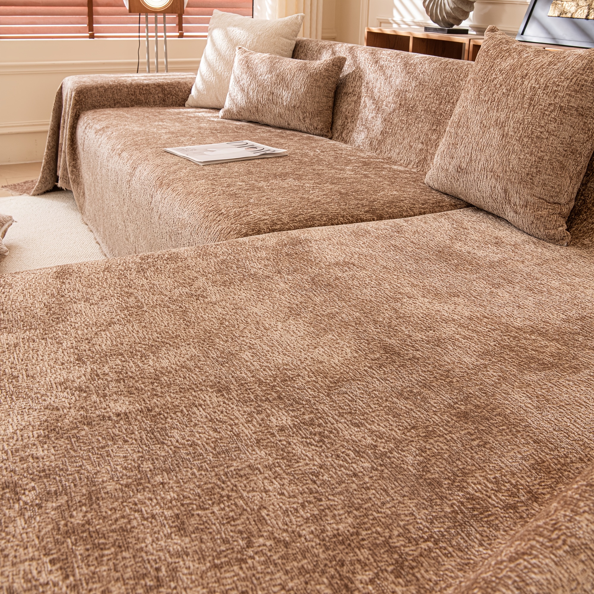 TEMU Light Beige Sofa Cover Set Of 2, Solid Color Textured Design, Double-sided Full-coverage For L-shaped Sofas! Versatile For Bedroom, Office, Or