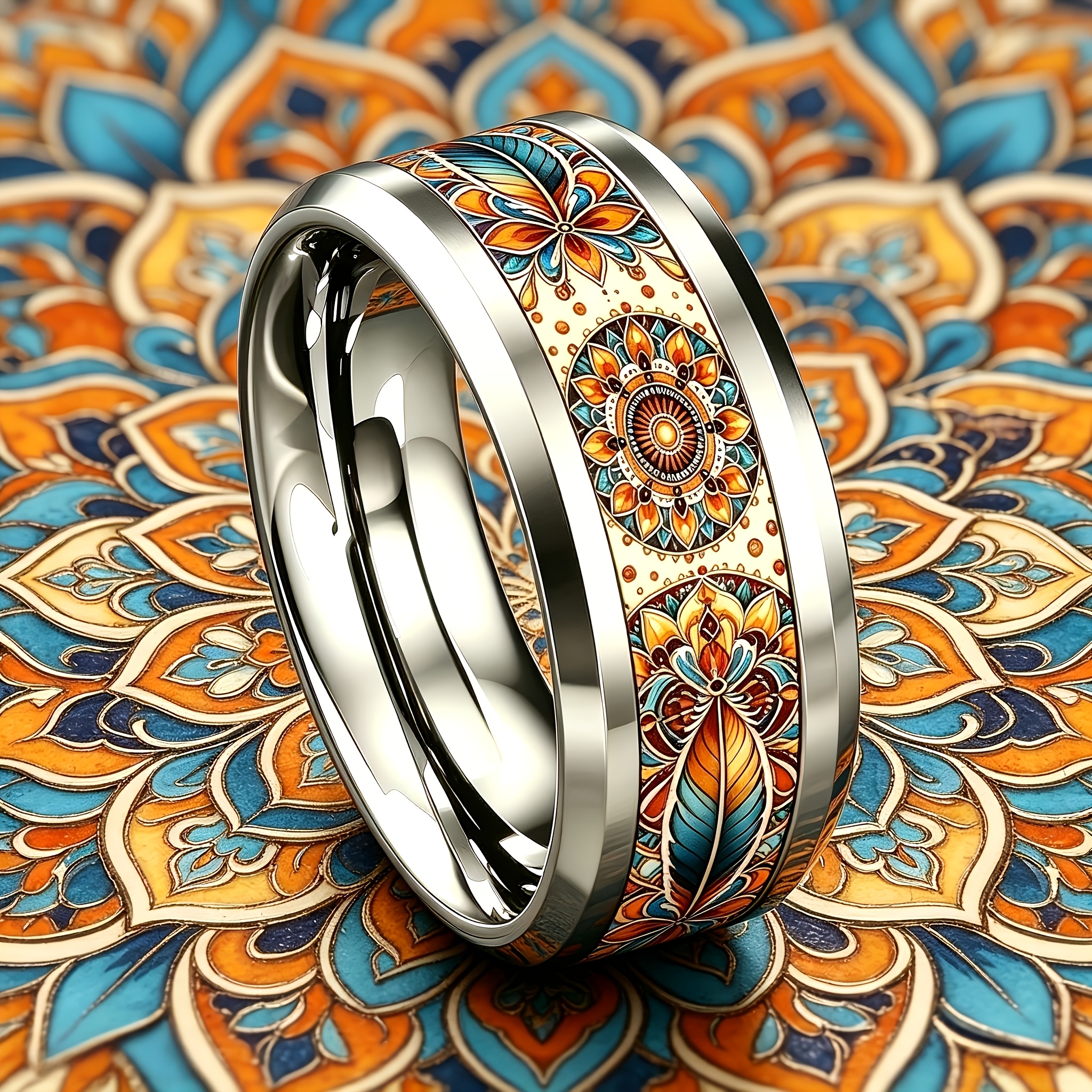 Bohemian Mandala Feather Floral 304 Stainless Steel Ring
