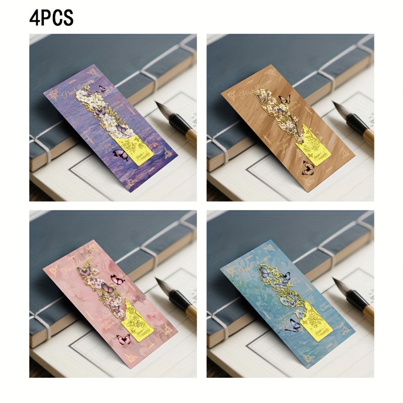 Image of 4pcs Metal Bookmark Set Golden Hollow Bookmarks With Floral Theme Accessories Gift For Book Lovers, Writers, Reading Tools For Women And Men